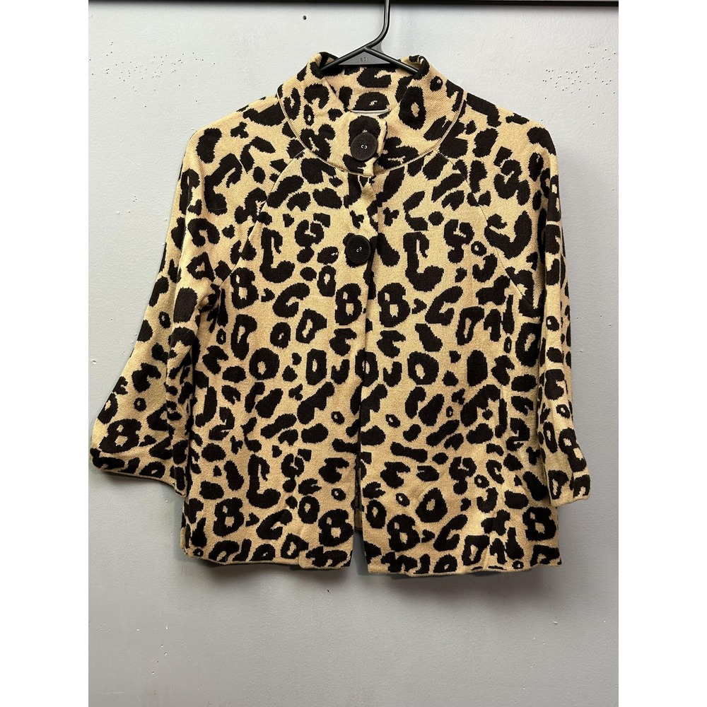 Kim Rogers Sweater Cardigan Womens Petite Small Beige Leopard Mock Neck‎ Knit